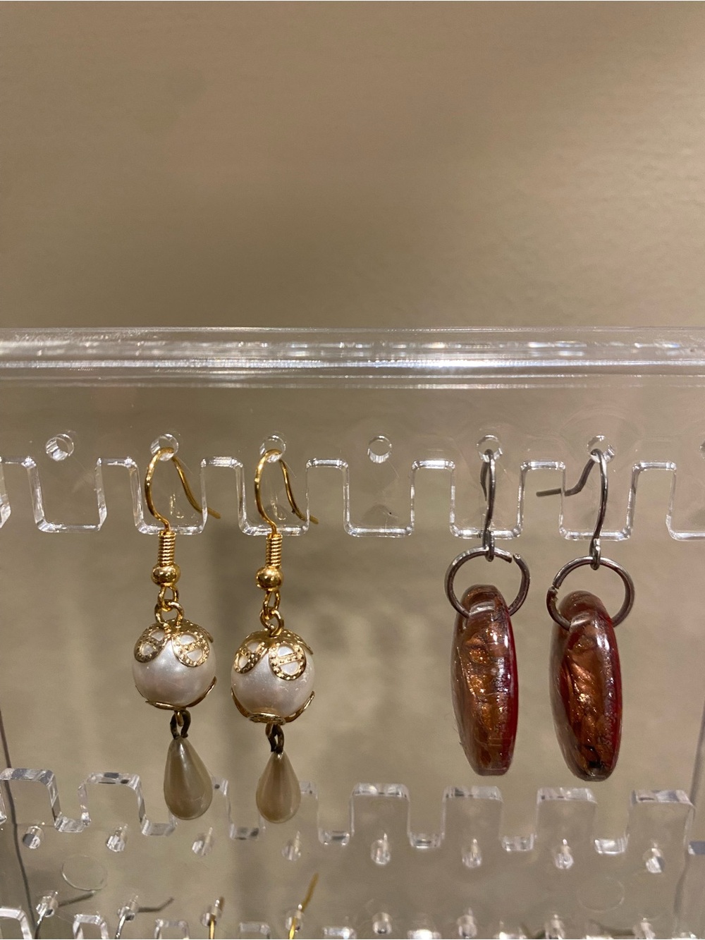 Vintage Gold & Cream Drop Earrings + Brown Glass Hoop Earrings